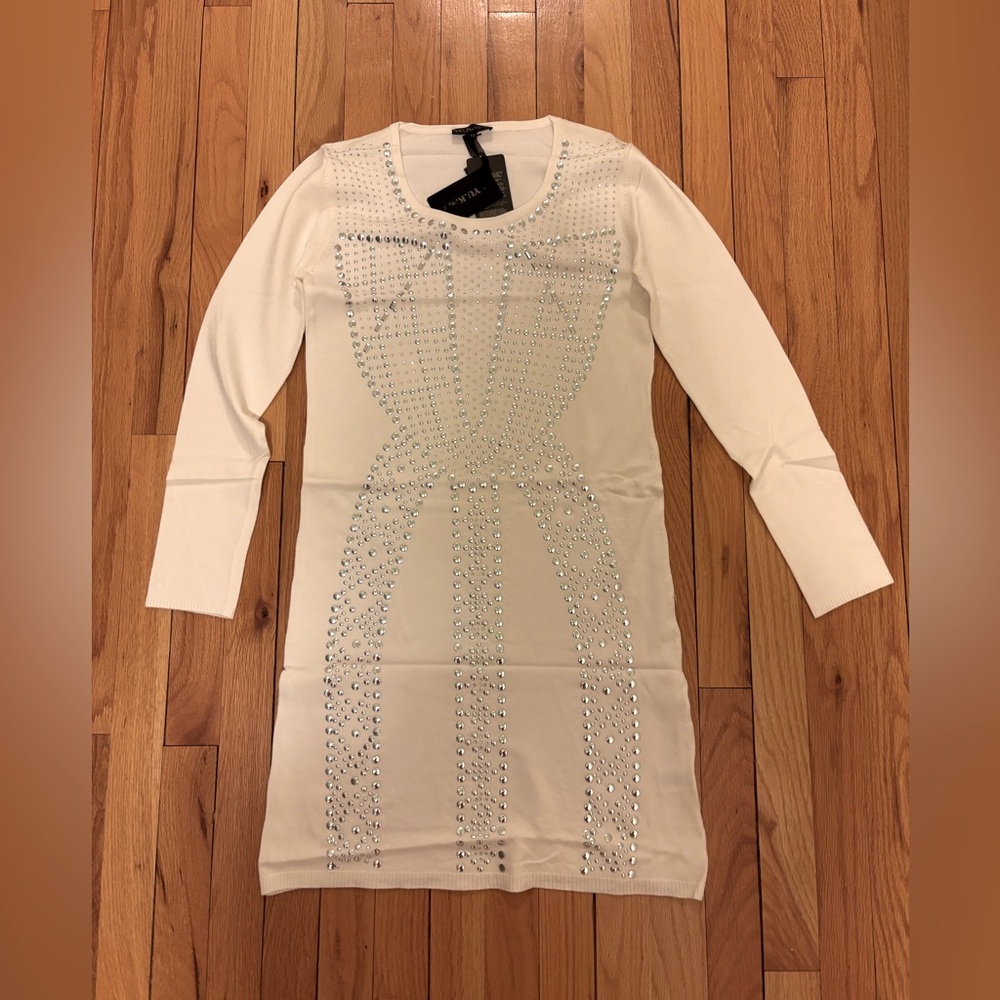 YU.K. By SG Bodycon Dress. Ivory with Silver Dots Details. Size T3 (US L). NWT.